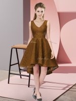 Designer V-neck Sleeveless Zipper Dama Dress Brown Lace