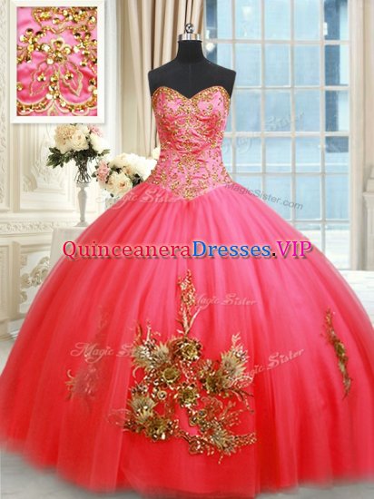 Fancy Coral Red Lace Up Sweetheart Beading and Appliques and Embroidery 15 Quinceanera Dress Tulle Sleeveless - Click Image to Close