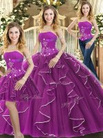 Edgy Purple Lace Up Strapless Beading and Ruffles 15th Birthday Dress Tulle Sleeveless