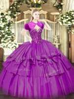 Floor Length Lace Up Quinceanera Dama Dress Fuchsia for Military Ball and Sweet 16 and Quinceanera with Beading and Ruffled Layers(SKU SJQDDT1472002-2BIZ)