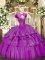 Floor Length Lace Up Quinceanera Dama Dress Fuchsia for Military Ball and Sweet 16 and Quinceanera with Beading and Ruffled Layers