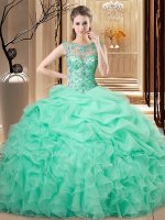 Sumptuous Apple Green Organza Lace Up Quinceanera Gowns Sleeveless Floor Length Beading and Ruffles