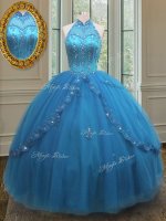 Blue Ball Gowns High-neck Sleeveless Tulle Floor Length Lace Up Beading and Appliques Quinceanera Gowns