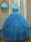 Blue Ball Gowns High-neck Sleeveless Tulle Floor Length Lace Up Beading and Appliques Quinceanera Gowns