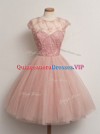 Peach Ball Gowns Scoop Cap Sleeves Tulle Knee Length Lace Up Lace Quinceanera Court Dresses - Click Image to Close