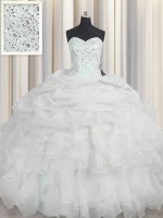 Modest Sleeveless Floor Length Beading and Ruffles Lace Up Sweet 16 Quinceanera Dress with White