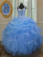 High Quality Blue Zipper Straps Beading and Ruffles 15 Quinceanera Dress Organza Sleeveless(SKU PSSW011-5BIZ)