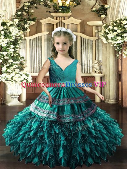 New Style Floor Length Ball Gowns Sleeveless Teal Kids Formal Wear Backless - Click Image to Close