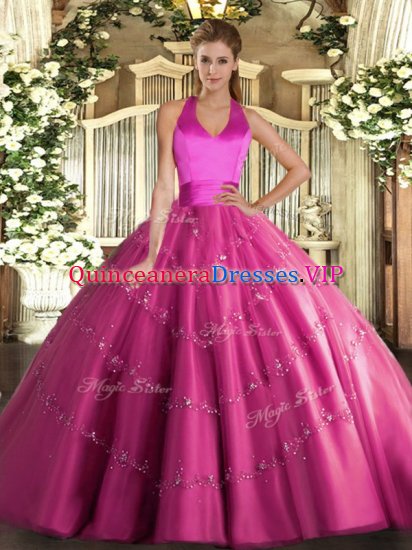 Sumptuous Sleeveless Floor Length Appliques Lace Up 15th Birthday Dress with Hot Pink - Click Image to Close