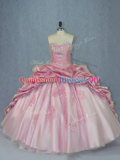 Vintage Pink Ball Gowns Tulle Sweetheart Sleeveless Beading and Appliques and Pick Ups Lace Up 15th Birthday Dress Brush Train - Click Image to Close