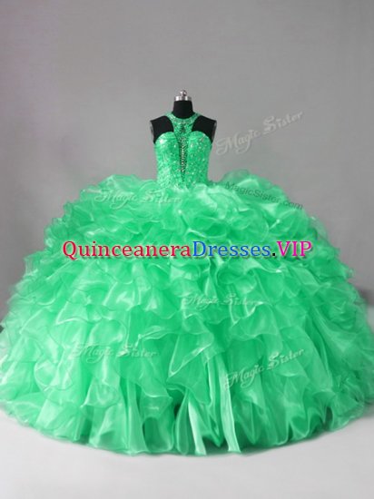 High End Sleeveless Organza Brush Train Lace Up Quinceanera Dresses in Green with Beading and Ruffles - Click Image to Close