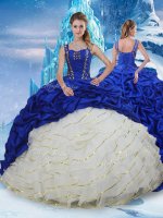 Stunning Blue And White Taffeta Lace Up Straps Sleeveless 15th Birthday Dress Brush Train Ruffled Layers and Pick Ups