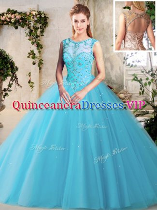 Fashionable Baby Blue Ball Gowns Scoop Sleeveless Tulle Floor Length Lace Up Beading Sweet 16 Dress