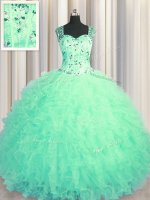 Customized See Through Zipper Up Floor Length Ball Gowns Sleeveless Turquoise Sweet 16 Quinceanera Dress Zipper