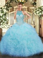 On Sale Aqua Blue Halter Top Neckline Beading and Ruffles and Pick Ups Quinceanera Gown Sleeveless Lace Up