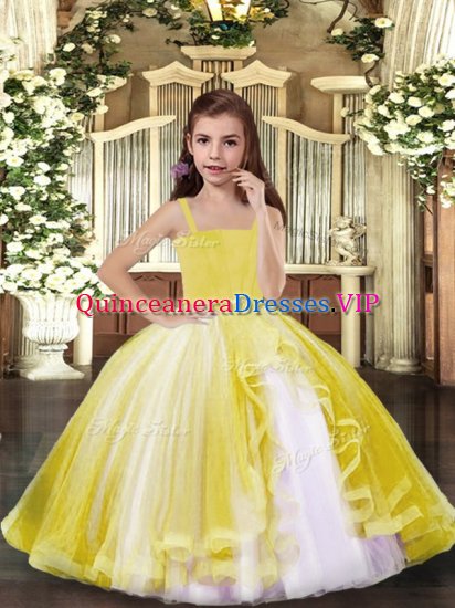 Dazzling Yellow Ball Gowns Straps Sleeveless Tulle Floor Length Lace Up Beading Little Girls Pageant Gowns - Click Image to Close