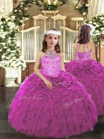 Floor Length Fuchsia Girls Pageant Dresses Halter Top Sleeveless Lace Up