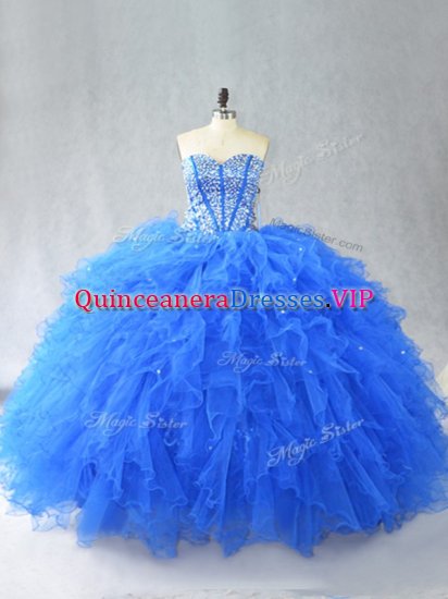 Floor Length Lace Up Ball Gown Prom Dress Blue for Sweet 16 and Quinceanera with Beading and Ruffles - Click Image to Close