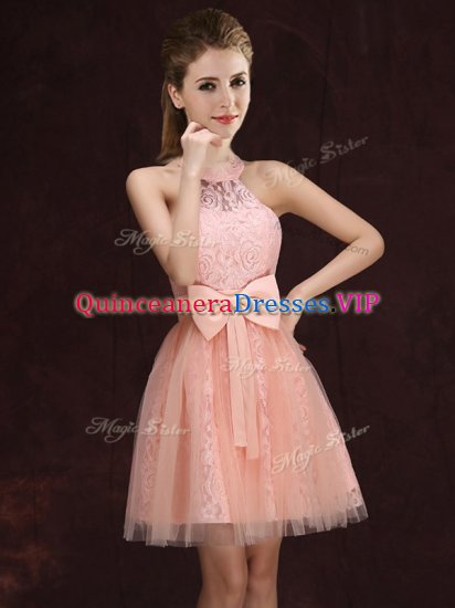 Pretty Halter Top Sleeveless Mini Length Lace and Bowknot Lace Up Court Dresses for Sweet 16 with Peach - Click Image to Close