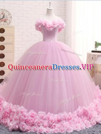 Gorgeous Baby Pink Ball Gowns Tulle Off The Shoulder Sleeveless Hand Made Flower Lace Up Vestidos de Quinceanera Brush Train