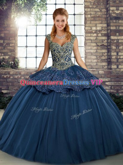 Pretty Straps Sleeveless Quinceanera Dresses Floor Length Beading and Appliques Navy Blue Tulle - Click Image to Close