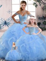 Blue Lace Up Off The Shoulder Beading and Ruffles Quinceanera Gowns Tulle Sleeveless