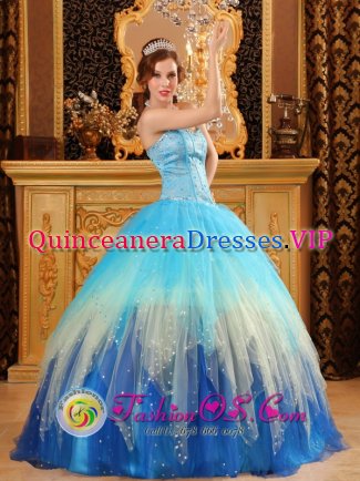 Mont-de-Marsan France Gorgeous Multi-color Blue Quinceanera Dress with Sweetheart Neckline and Beading Decorate