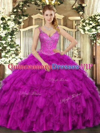 Dazzling Floor Length Ball Gowns Sleeveless Fuchsia Quinceanera Gown Lace Up