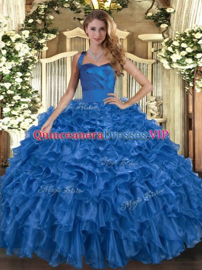 Blue Organza Lace Up Halter Top Sleeveless Floor Length Sweet 16 Dresses Ruffles - Click Image to Close