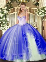 Stylish Blue Sleeveless Floor Length Beading and Ruffles Lace Up Sweet 16 Dress