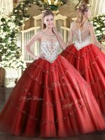 Smart Red Ball Gowns Scoop Sleeveless Tulle Floor Length Zipper Beading and Appliques Ball Gown Prom Dress