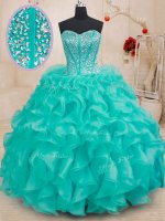 Beading and Ruffles Quinceanera Gown Turquoise Lace Up Sleeveless Floor Length