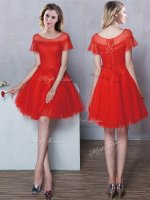 Exquisite Scoop Lace Vestidos de Damas Red Lace Up Short Sleeves Mini Length