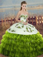 Most Popular Olive Green Sleeveless Embroidery and Ruffled Layers and Bowknot Floor Length 15th Birthday Dress