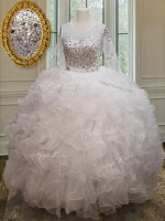 Scoop See Through White Long Sleeves Organza Lace Up Quince Ball Gowns for Military Ball and Sweet 16 and Quinceanera