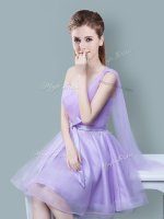 Elegant One Shoulder Ruching and Bowknot Quinceanera Dama Dress Lavender Zipper Sleeveless Knee Length