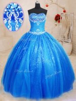 Royal Blue Ball Gowns Tulle and Sequined Sweetheart Sleeveless Beading and Appliques Floor Length Lace Up Quinceanera Gown