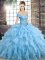 Blue Ball Gown Prom Dress Organza Brush Train Sleeveless Beading and Ruffles