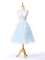 Light Blue Sleeveless Appliques Knee Length Quinceanera Court of Honor Dress