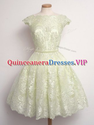 Modern A-line Quinceanera Court of Honor Dress Light Yellow Scalloped Lace Cap Sleeves Knee Length Lace Up
