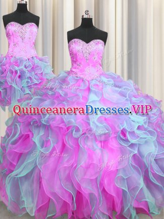 Custom Design Three Piece Multi-color Sleeveless Beading and Ruffles Lace Up Ball Gown Prom Dress