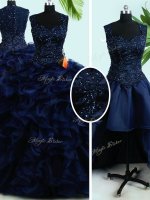 Exquisite Four Piece Navy Blue Ball Gowns Straps Sleeveless Organza Floor Length Zipper Beading and Ruffles Quinceanera Dresses