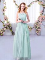 Light Blue Tulle Side Zipper Quinceanera Dama Dress Sleeveless Floor Length Lace and Belt