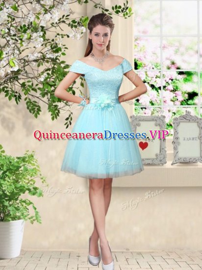 Admirable Aqua Blue A-line V-neck Cap Sleeves Tulle Knee Length Lace Up Lace and Belt Quinceanera Court of Honor Dress - Click Image to Close