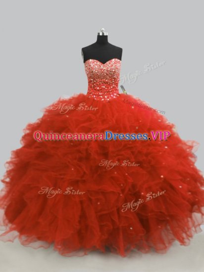 Glorious Rust Red Ball Gowns Sweetheart Sleeveless Tulle Floor Length Lace Up Beading and Ruffles Sweet 16 Quinceanera Dress - Click Image to Close