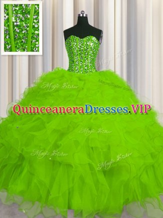 Visible Boning Sleeveless Floor Length Beading and Ruffles and Sequins Lace Up Sweet 16 Dresses with