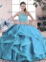 Noble Scoop Sleeveless Quince Ball Gowns Floor Length Beading and Ruffles Blue Tulle