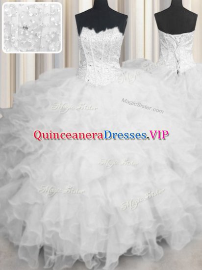 Dramatic Scalloped Sleeveless Floor Length Beading and Ruffles Lace Up Quinceanera Dresses with White - Click Image to Close