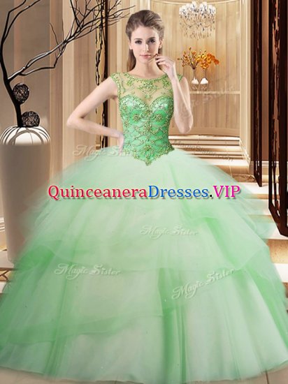 Scoop Sleeveless Sweet 16 Dress Brush Train Beading and Ruffled Layers Apple Green Tulle - Click Image to Close