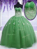 Flirting Floor Length Green 15 Quinceanera Dress Organza Sleeveless Beading